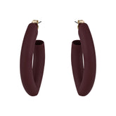 Burgundy leather women's loops-earrings with distinctive matte-link metal oval